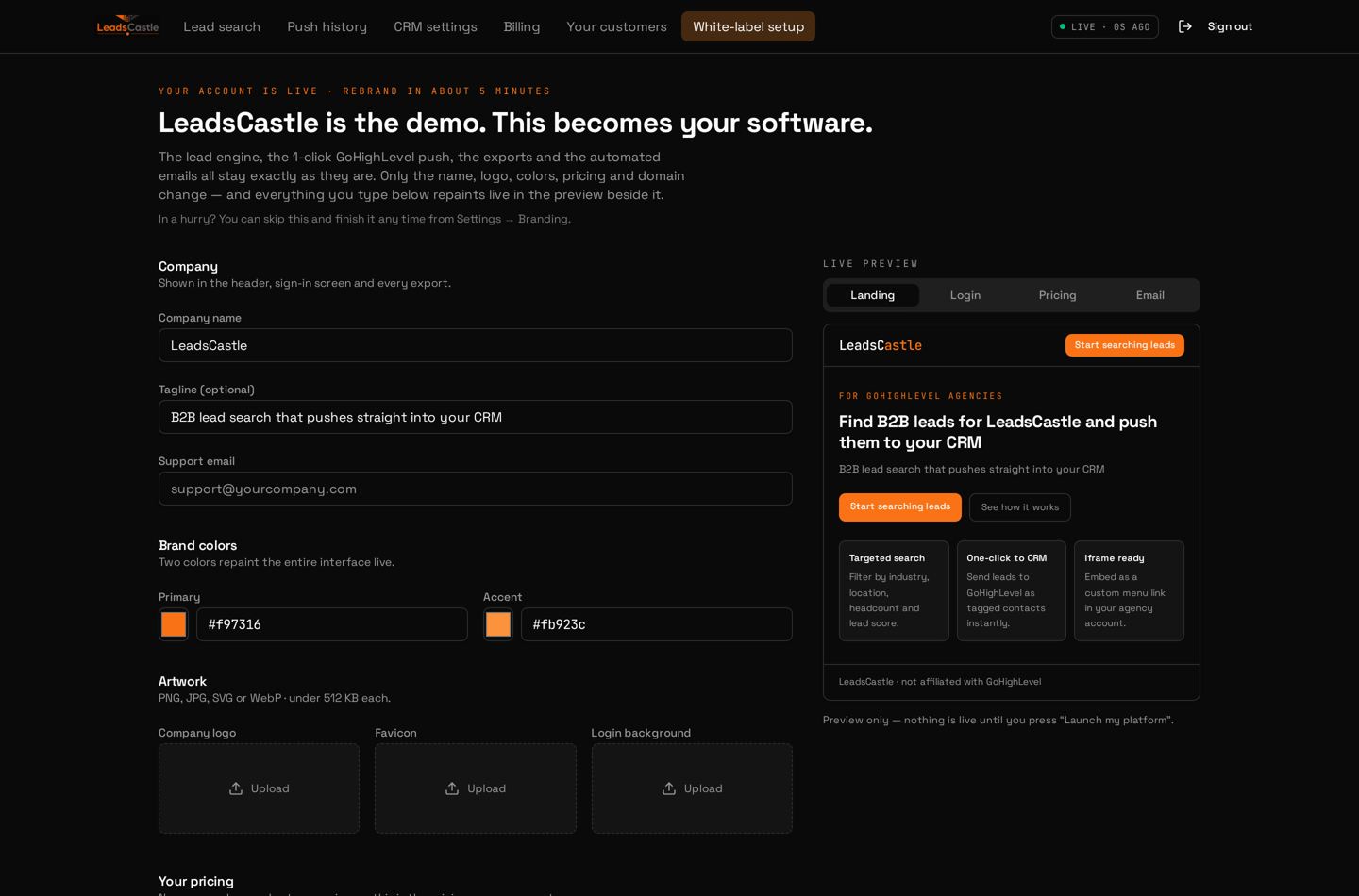LeadsCastle white-label setup with company name, brand colors, logo upload and a live preview