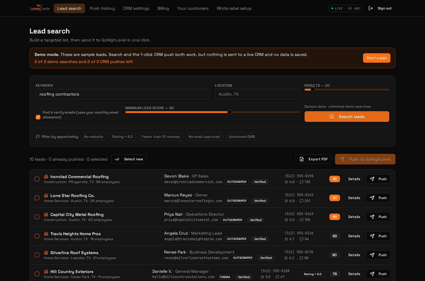 LeadsCastle lead search results showing verified emails, phone numbers, Google Business ratings and lead scores